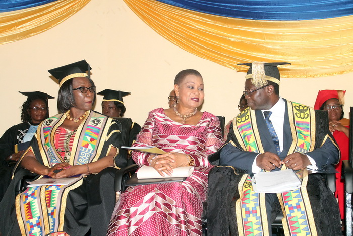 Prof. Samuel K Offei (right) interacting with Rev Dr Joyce Aryee (middle). Looking on is Mrs Mercy Haizel-Ashia (left), Registrar of UG